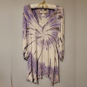 Tunic * size L * lavender, gray, cream tie-dye * Asymmetrical cut at bottom